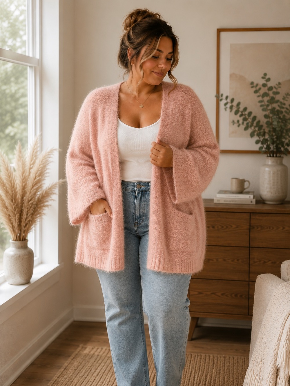 Handmade Oversized Blush Pink Fuzzy Cardigan | Angora | Open Front Sweater